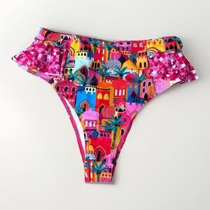 Sporlike Pink Floral Mediterranean Ruffle Bikini Bottoms Womens Size Large NEW